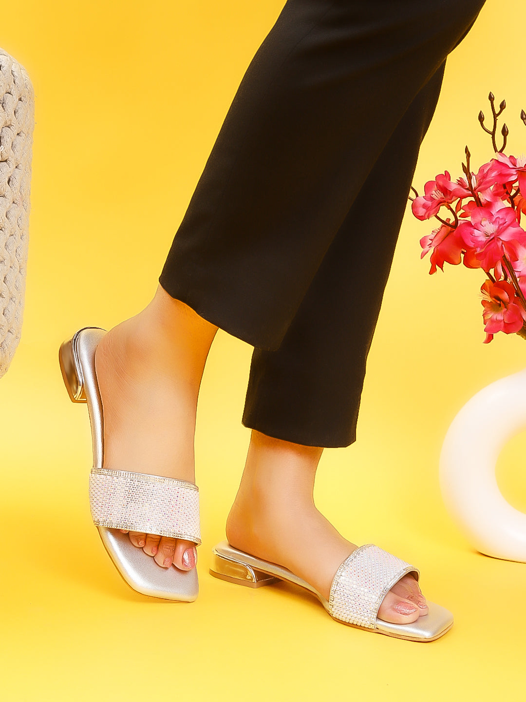 Stones Embellished Open Toe Flats For Women - Maysun Footwear